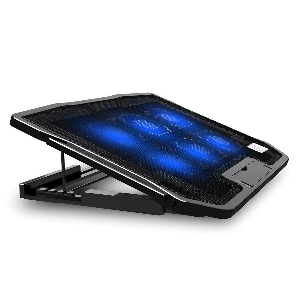Black computer base fan cooling rack with six fans, metal mesh surface and five height gears, 370x255x27mm