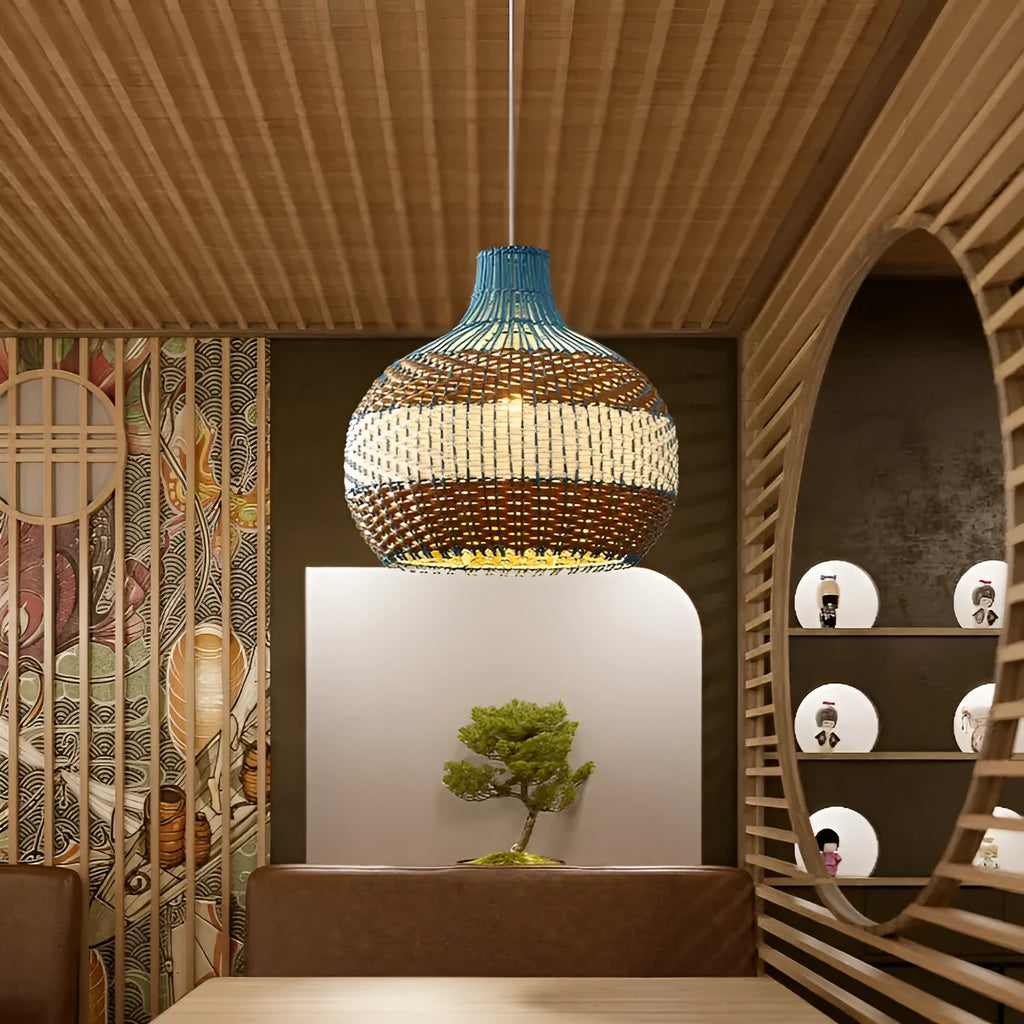 Woven vine rattan pendant lamp in pastoral Southeast Asian silent wind style, showing texture and form.
