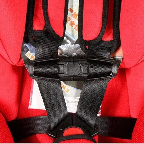 Black nylon seat belt buckle clip for child car seat 5-point harness, dimensions 14.5cm by 4cm