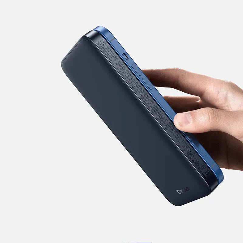Blue and white MagSafe magnetic wireless power bank with LCD display showing battery percentage