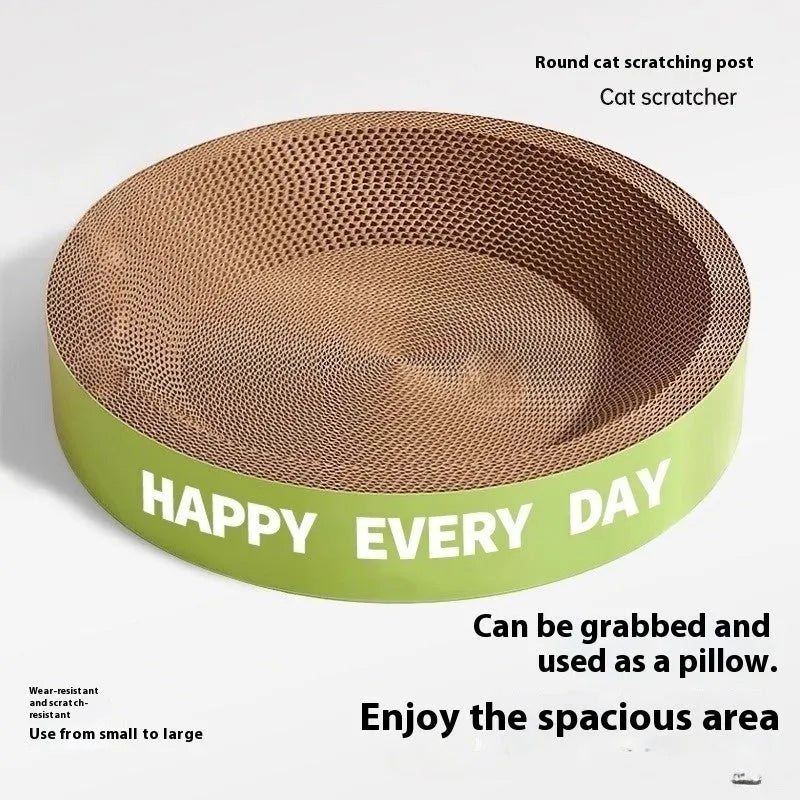 A simple green round cat nest with an integrated scratching surface, shown in 50cm and 55cm size options.