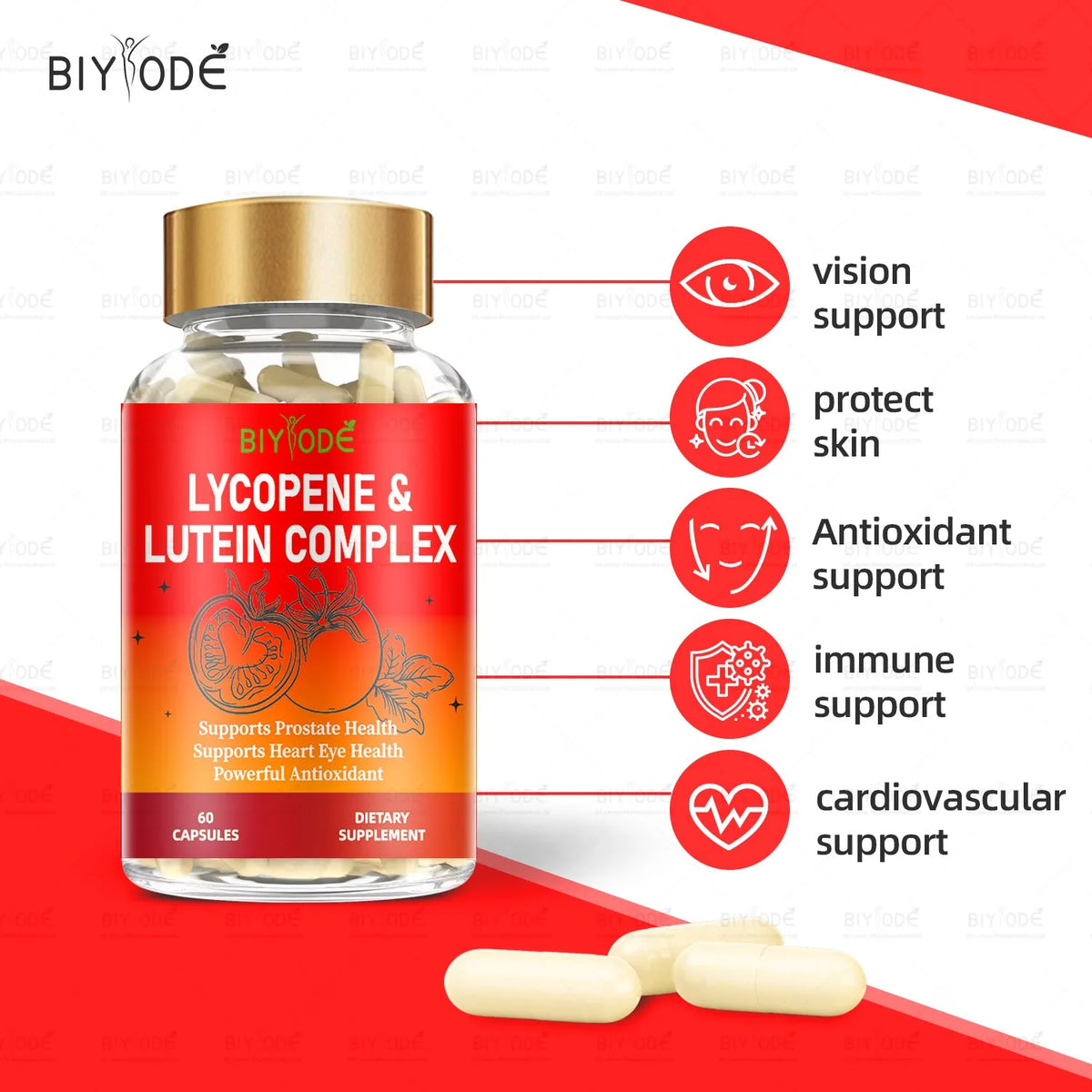 Bottle of 60 lycopene lutein 2 in 1 capsules for adult eye and cardiovascular support