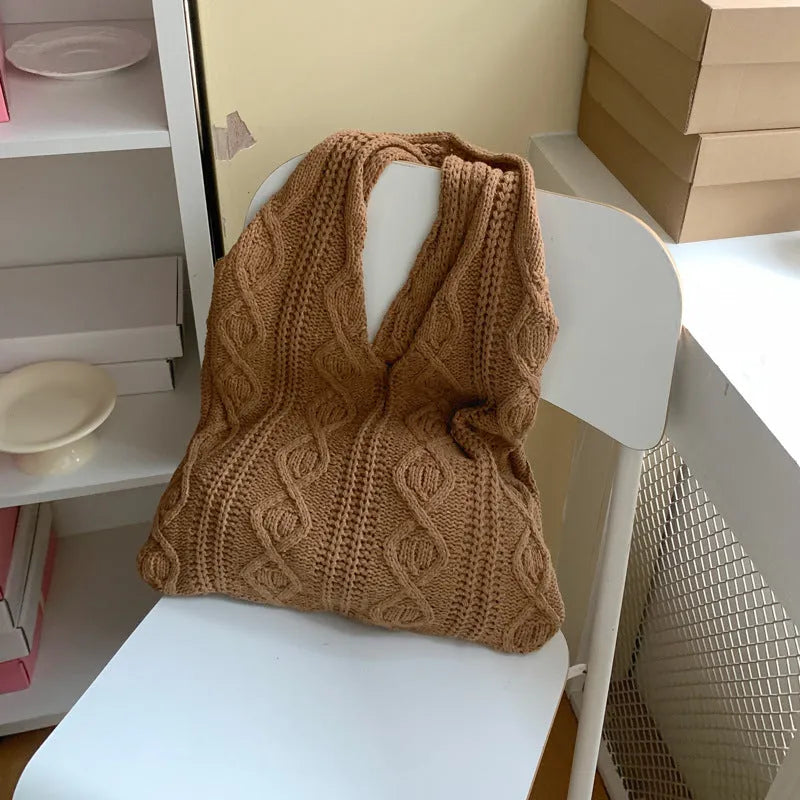 Retro hollow-knitted crochet shoulder tote bag in a solid colour with a double strap.