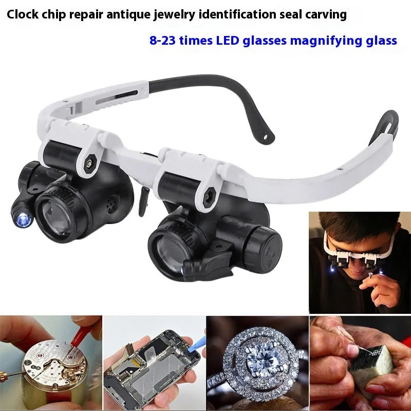 White head mounted magnifying glass with LED light, shown folded and unfolded for clock repair work.