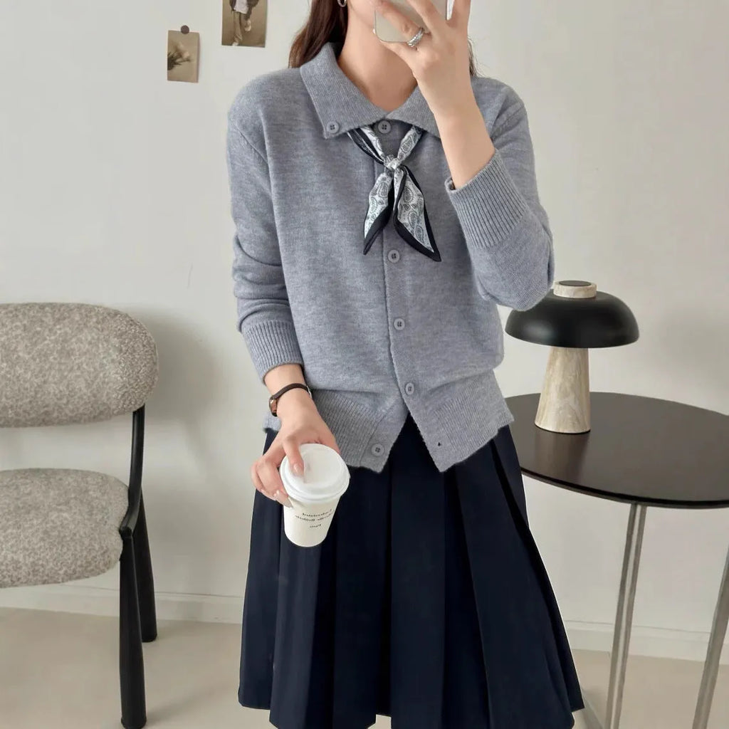 Free size lapel scarf sweater cardigan in acrylic fibre with splicing detail