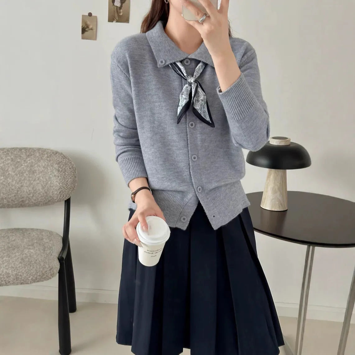 Free size lapel scarf sweater cardigan in acrylic fibre with splicing detail