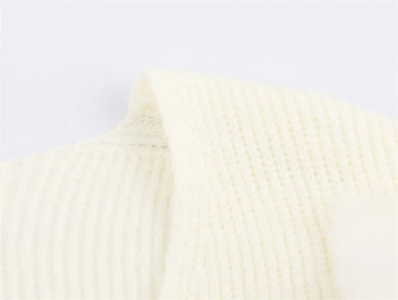 Casual V-neck cuff furry knitted dress for women in white – straight cut long sleeve style