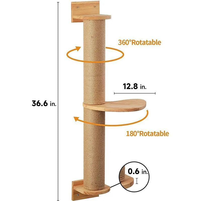 Wall-mounted wooden cat jumping platform with flax cordage scratching post