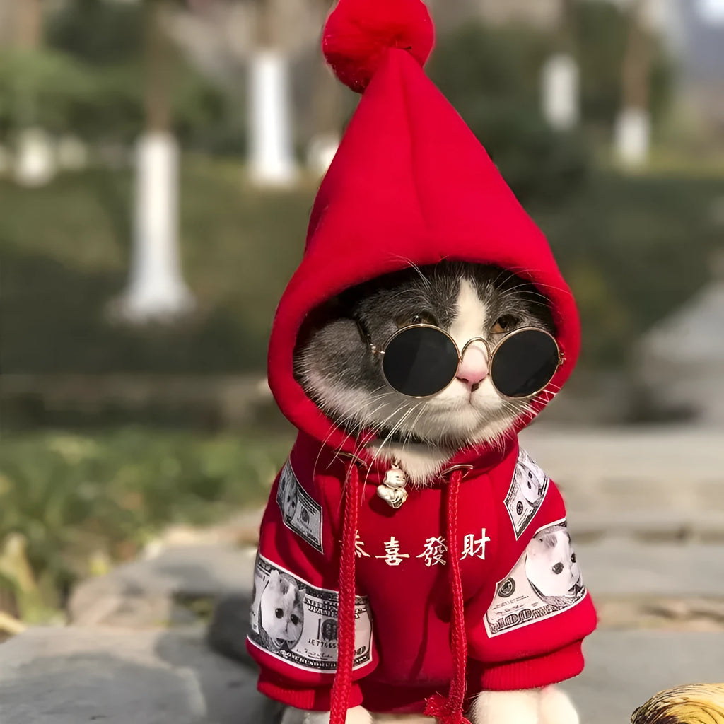 Pure cotton plus fleece pet sweater for cats and dogs in red colour, casual style