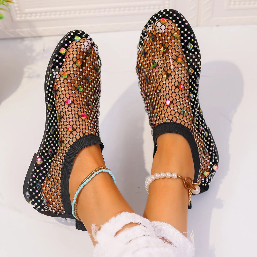 Women's colourful rhinestone mesh flat sandals on white background showing round toe design