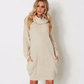 Acrylic imitation cashmere mid-length pullover sweater with a loose lapel and side pockets in apricot colour.