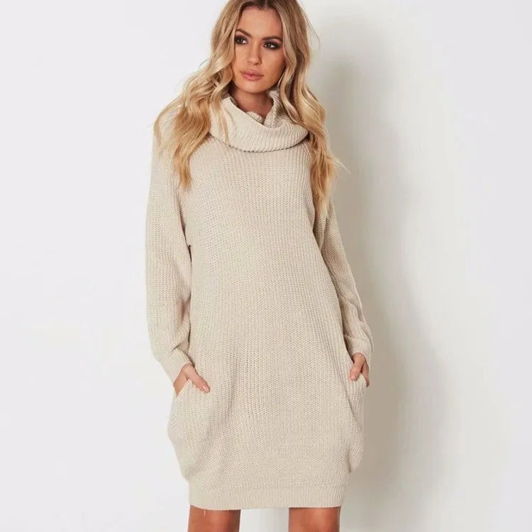 Acrylic imitation cashmere mid-length pullover sweater with a loose lapel and side pockets in apricot colour.