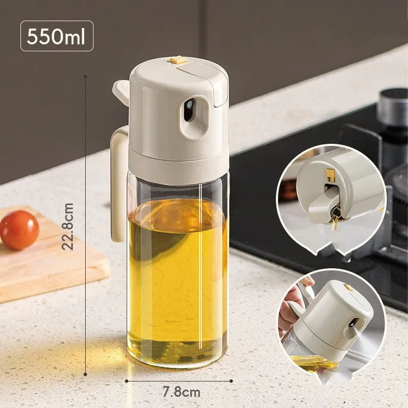 Warm grey glass oil spray bottle with dual-mode switch and automatic tilt-open lid
