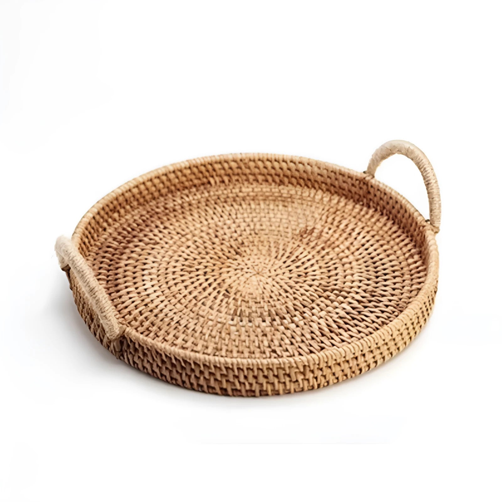 Round handwoven rattan storage basket with a wooden handle in a natural colour.
