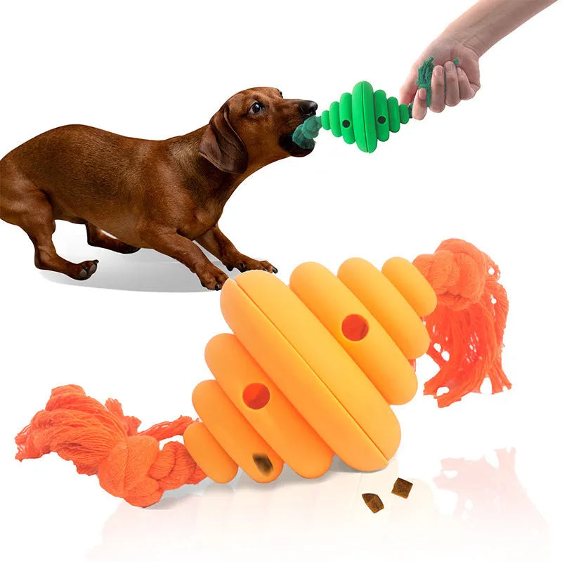 Green and yellow dog ball with rope attachment for large breed interactive play and treat dispensing