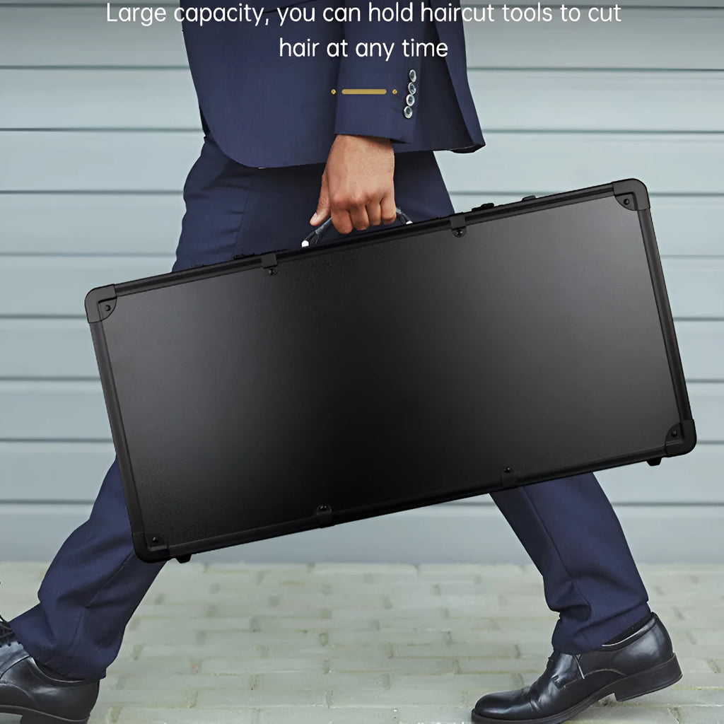 Black PVC storage box for hair tools with measurements showing 55cm length and 27cm height.