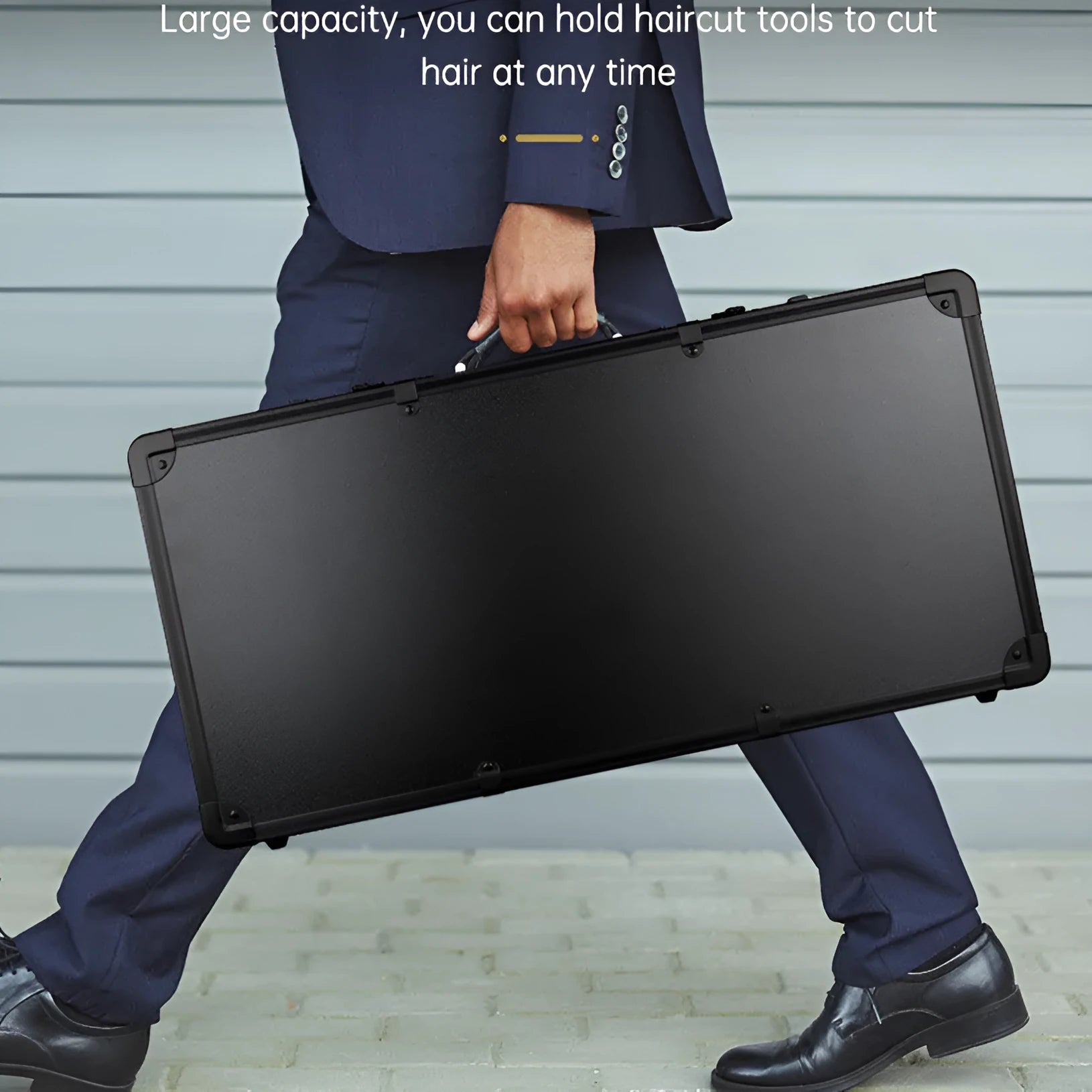 Black PVC storage box for hair tools with measurements showing 55cm length and 27cm height.