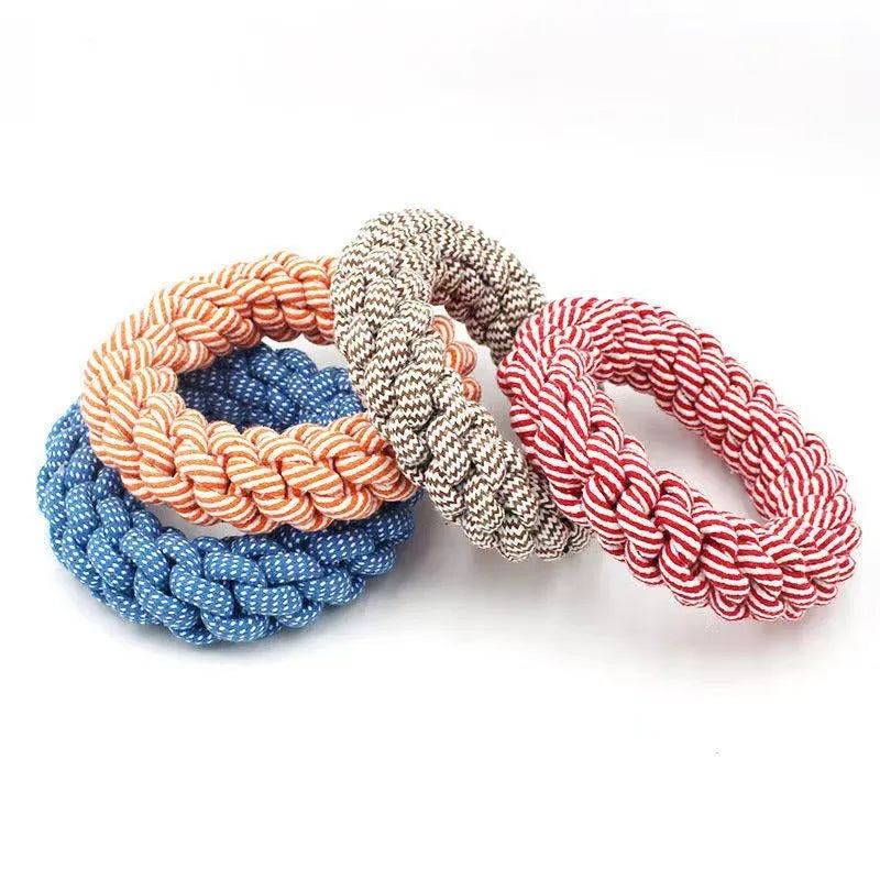 Cotton string braided ring pet chew toy in random colour, approximately 18cm woven design