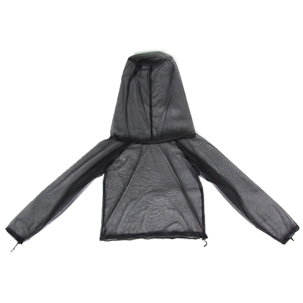 Mosquito-proof outdoor clothing set with hooded top, pants and booties in mesh fabric