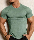 Men's tight stretch polyester quick-dry t-shirt in black, grey, green, or pink for running