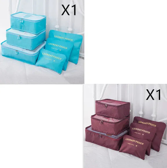 6 PCS travel storage bag set in polyester with handbag shape, multiple colour options for clothes and cosmetic organisation
