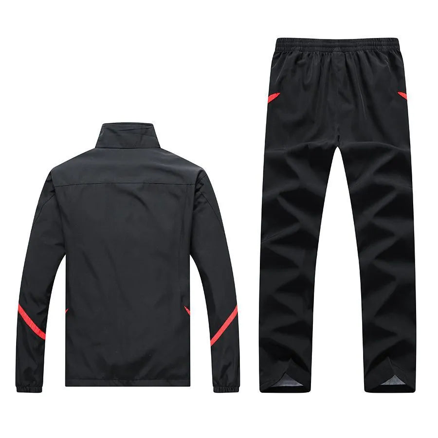 Men's long-sleeved casual sports suit in black, polyester and cotton blend, lapel collar, sizes L to 4XL