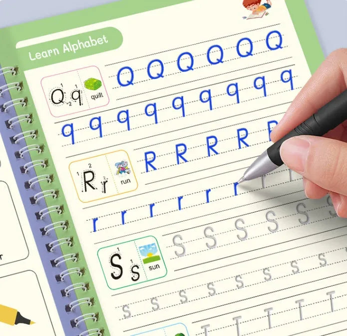 Children's English handwriting practice book with groove technology, pen, and ten replacement tips
