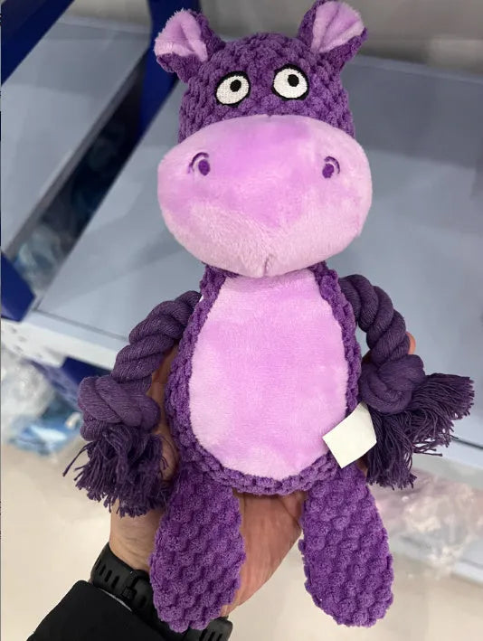 Hippo design plush dog toy with cotton rope sections for tug of war games