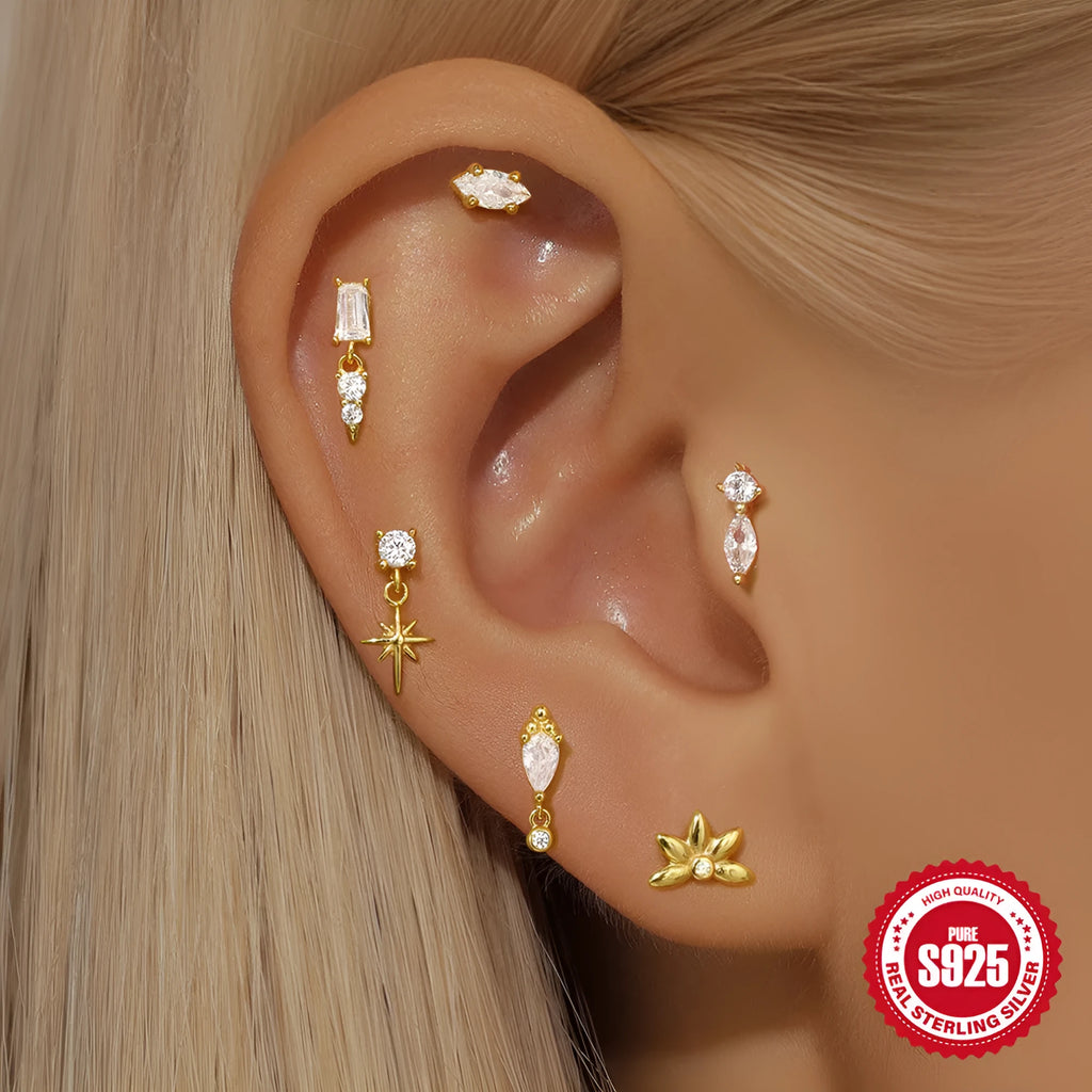 Sterling silver ear stud with gold plated finish and decorative inlaid tassel design