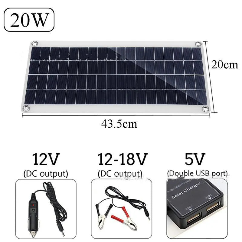 Polysilicon solar panel charger with dual USB ports for outdoor device charging.