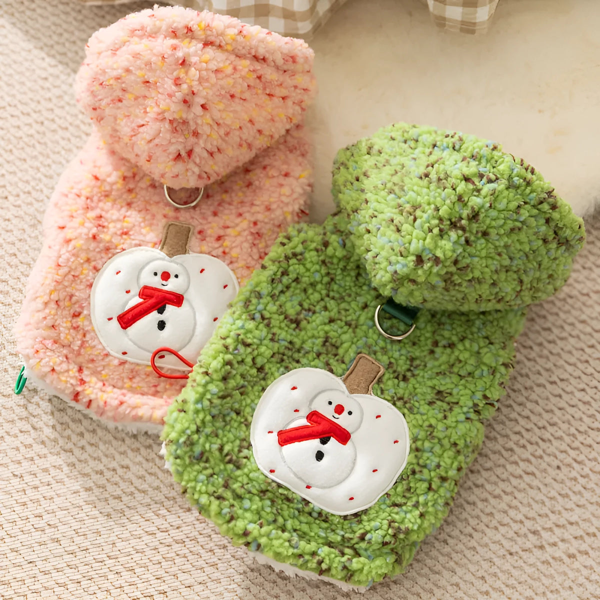 Snowman embroidered sherpa pet hoodie in pink with colourful dots for small dogs