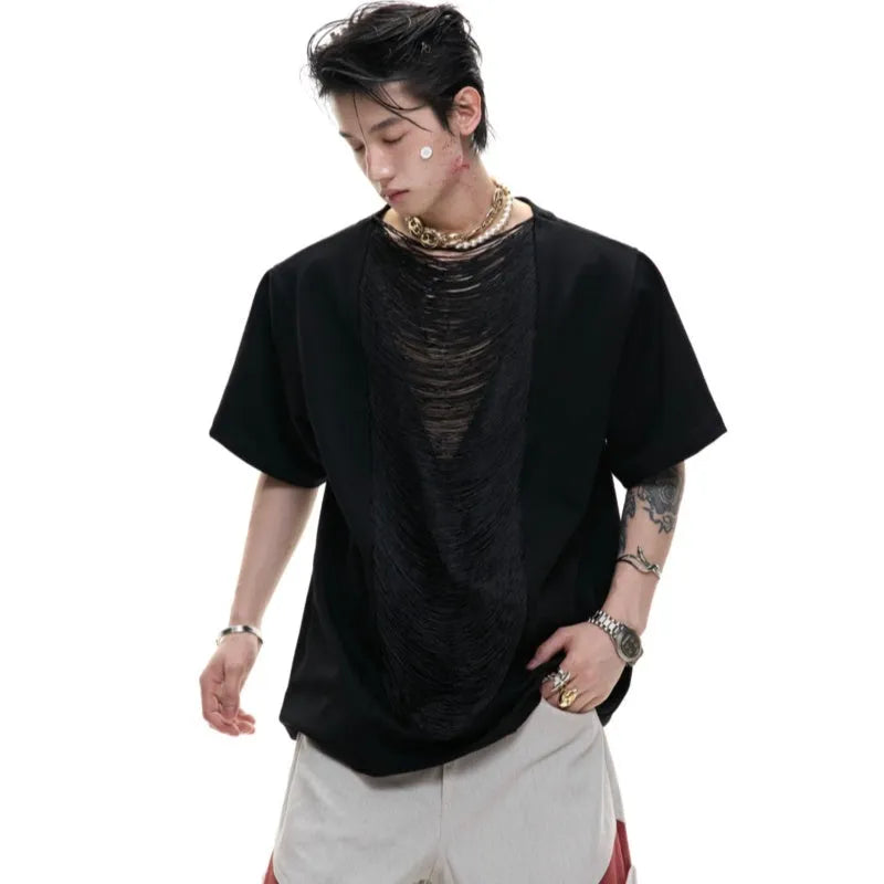 Men's black loose fit polyester t-shirt with V-neck and tassel details