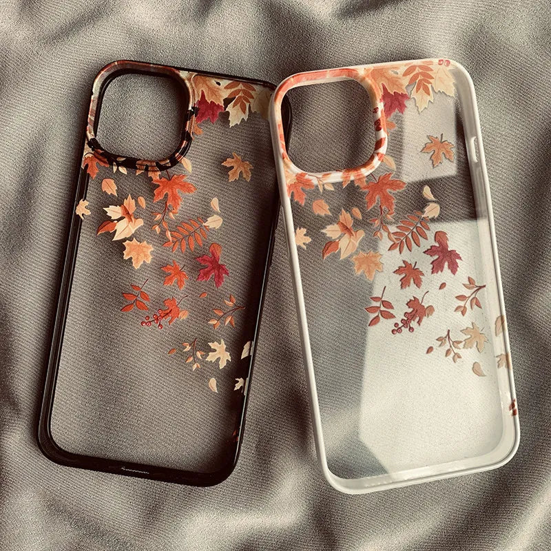 Autumn wind and fallen leaves printed acrylic phone case with black edge on iPhone