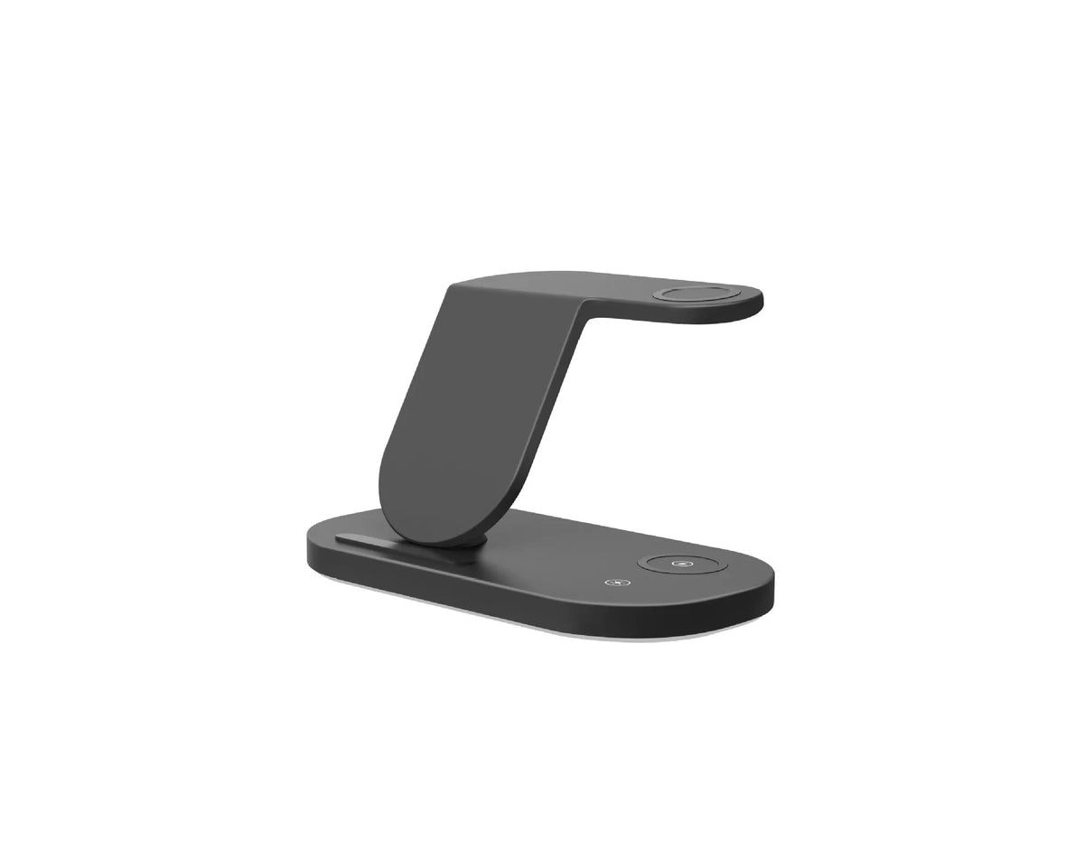 Black three in one wireless charging stand with USB interface, 12V input and output, 2000mA charging current