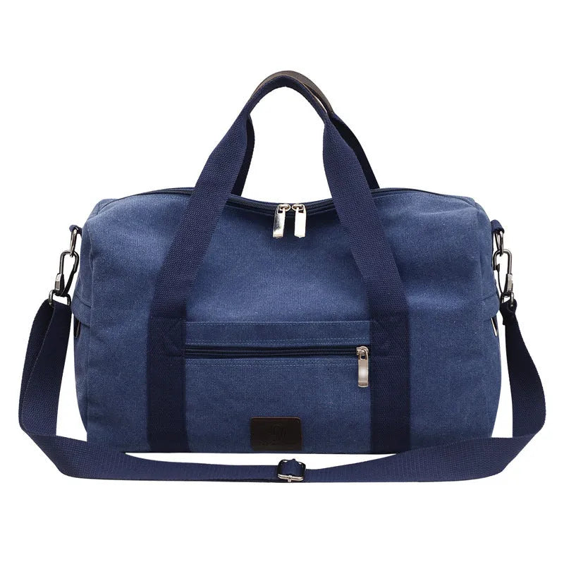 Men's canvas travel duffel bag in army green with three straps and polyester material