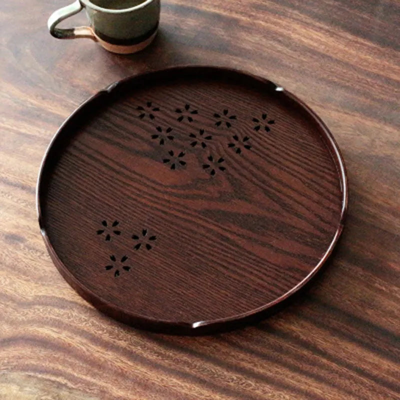 30cm wooden dessert plate with hollow sakura blossom pattern design