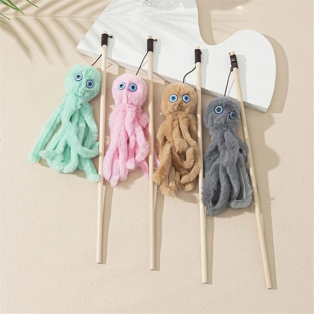 Octopus cat toy with long stick in multiple colours for indoor play