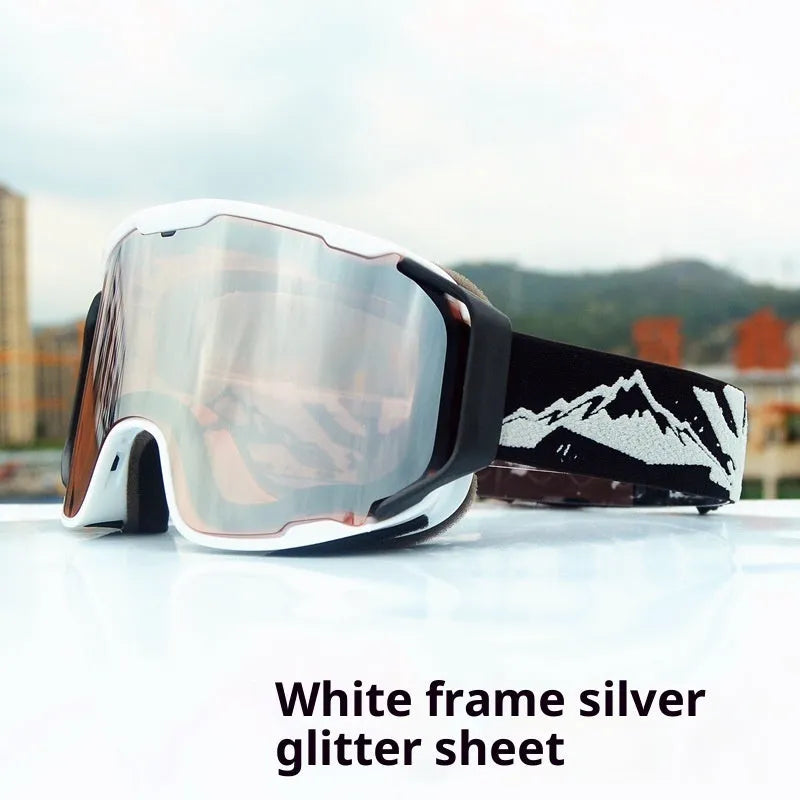 Ski goggles with double-layer anti-fog lens and full real film coating in bright white frame with silver powder film