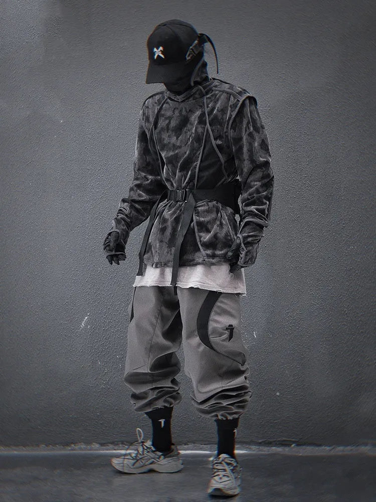 Men's black and grey tie-dye printed pullover sweater with drop-shoulder sleeves and loose casual fit