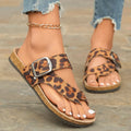 Roman style leopard print slippers with wooden sole and round toe design