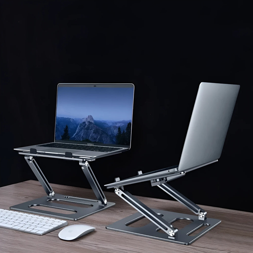 Aluminium alloy metal laptop stand with 340mm elevation height on a desk, silver colour