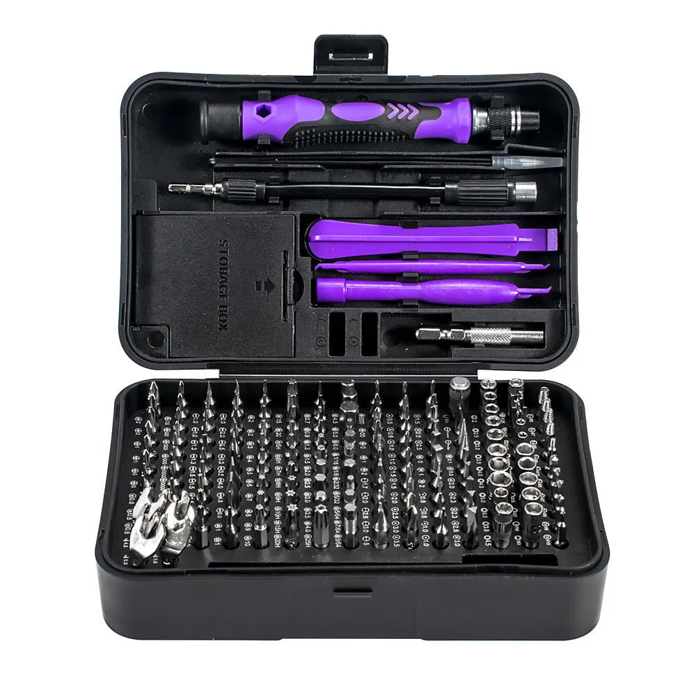 170-in-1 CRV steel screwdriver set with insulated nickel-plated blades, 4mm cutter head, and 28mm cutter bar, shown in black and blue.