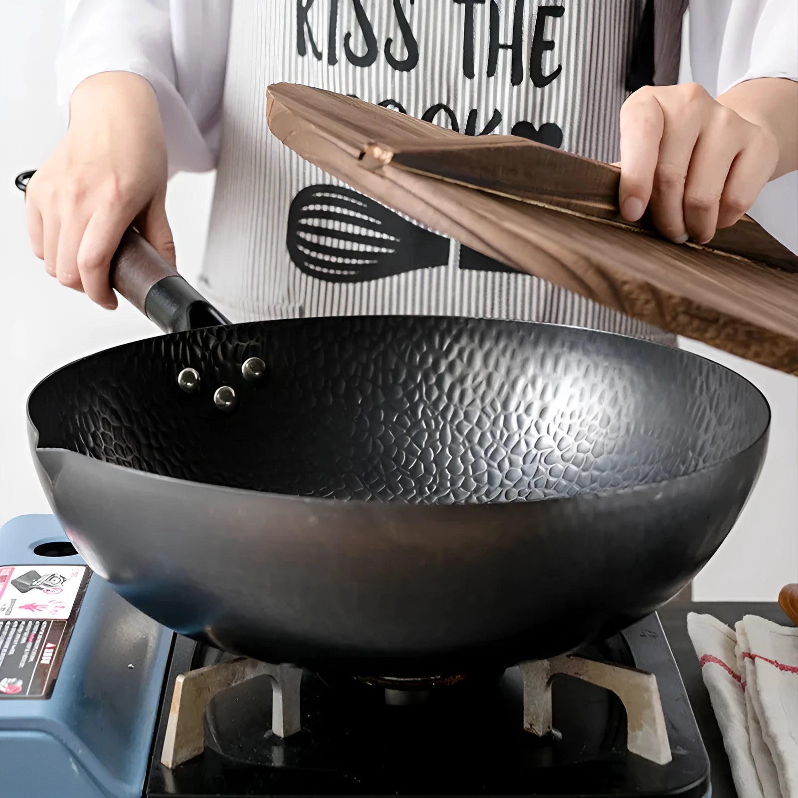 Traditional black iron wok with wooden handle, 40cm diameter with induction-compatible base