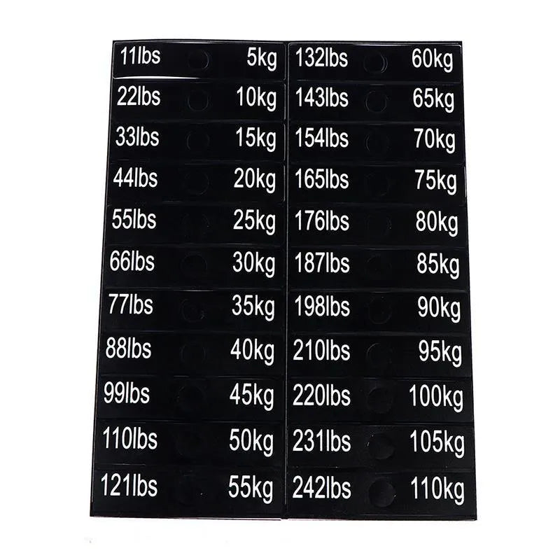Gym equipment weight sticker labels for counterweight identification set 5-100kg 90mm length 20mm height Aspic colour