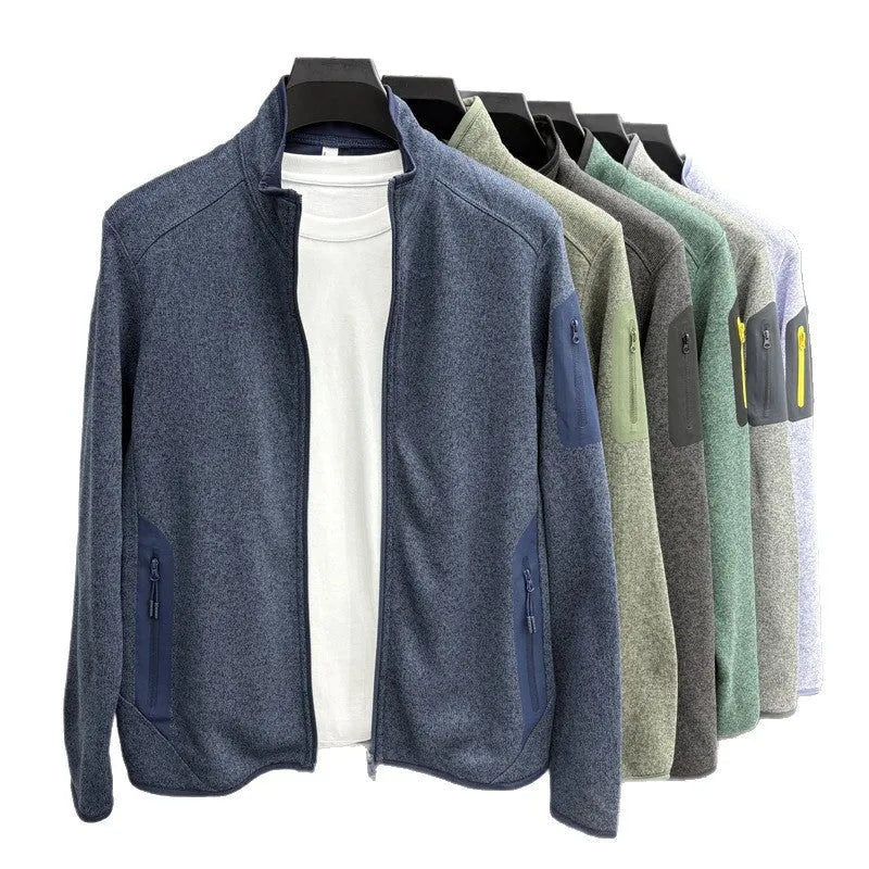 Men's solid colour stand collar knitwear jacket in polyester fibre, loose fit cardigan, available in multiple colours including Night Shadow Blue and Fog Dark Green.