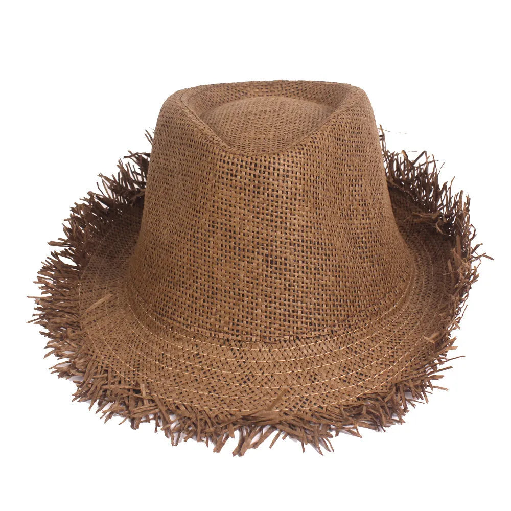 Men's straw top hat in cone shape with short brim, satin weave, free size 58cm, in khaki colour