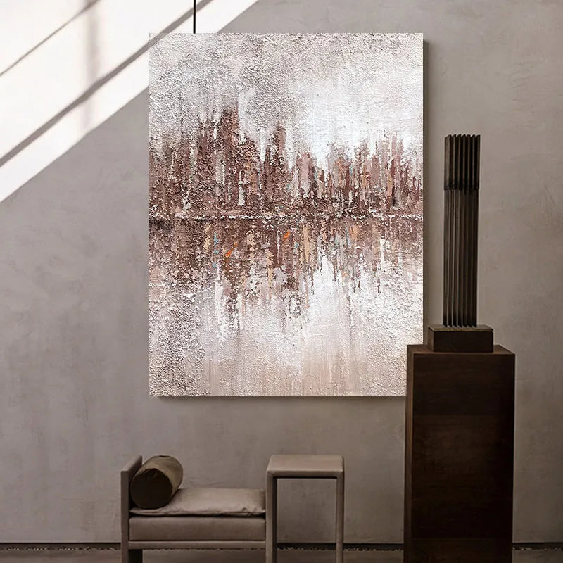 Hand-painted abstract oil painting on canvas, vertical one-panel, rolled and frameless, for living room or home office wall decor