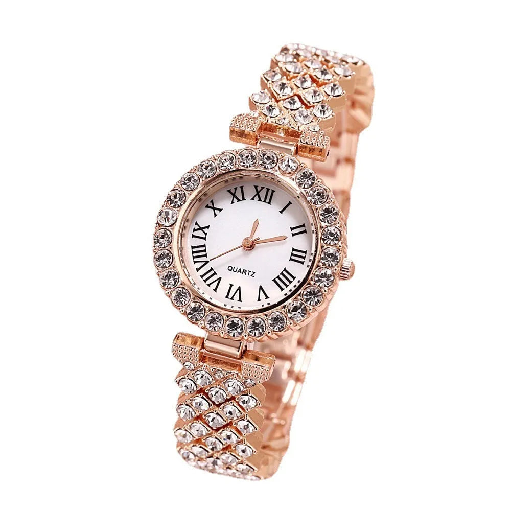 Full diamond luxury bracelet watch suit for women – alloy – quartz – gold finish – includes watch, bracelet, necklace, earrings, ring