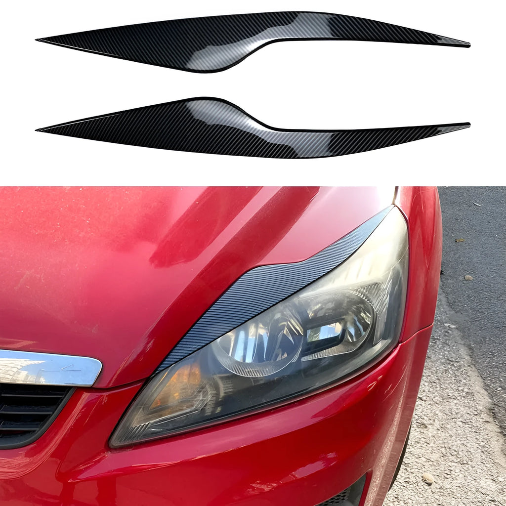 Ford Focus headlight eyebrow stickers in carbon fibre pattern and piano black ABS plastic