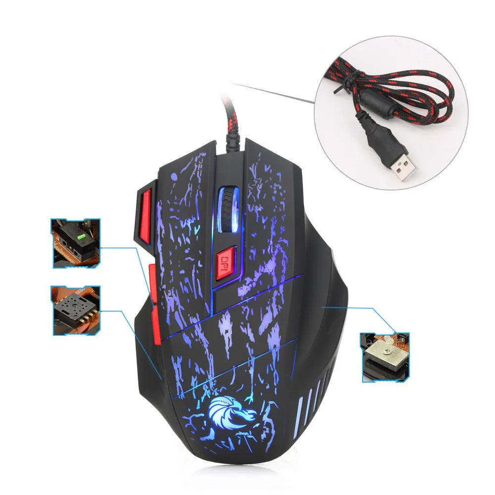 Black Water Crack pattern luminous gaming mouse with USB cable on desktop